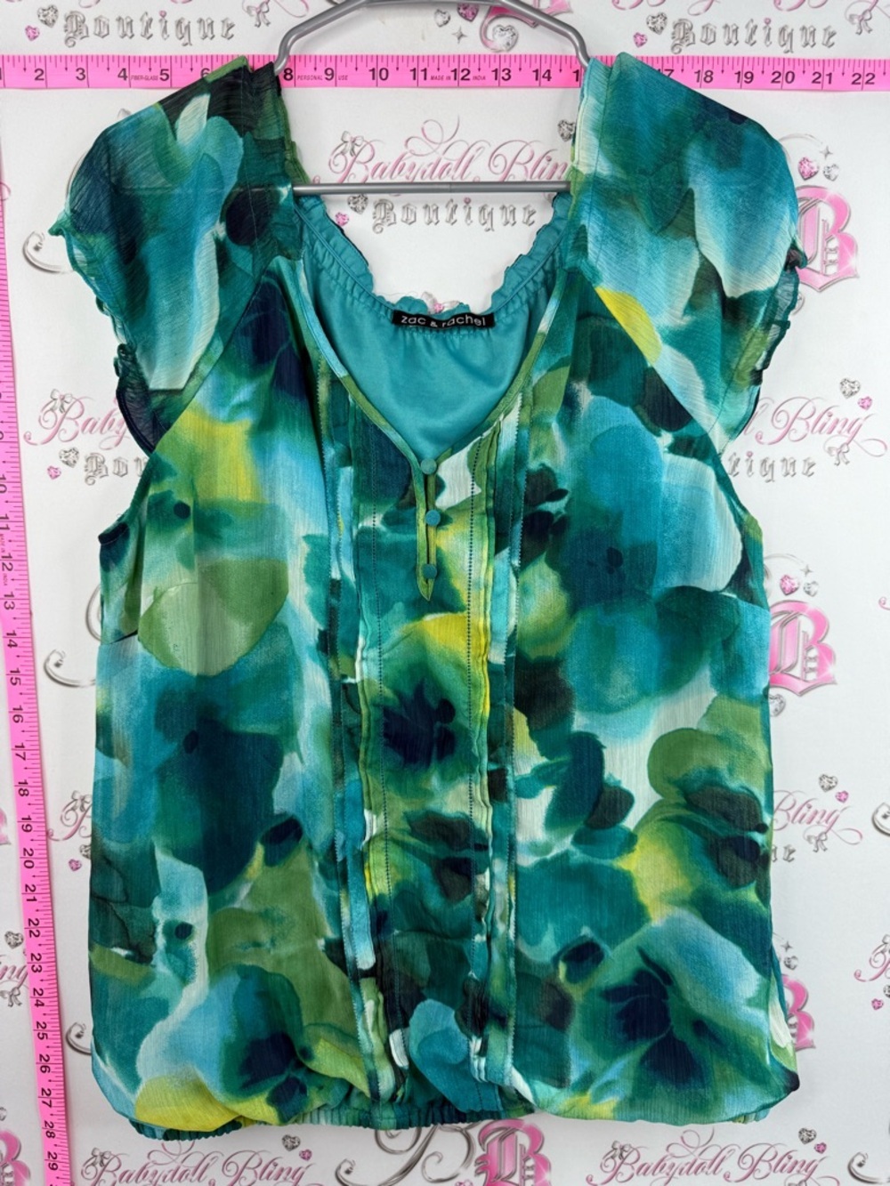 Zac & Rachel T-shirt blouse Teal and Green Floral Chiffon Cap-Sleeve Blouse